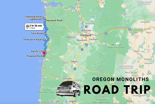 Map showing a road trip route along the Oregon coast, highlighting key landmarks and travel time.