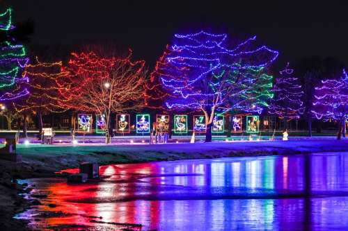 Colorful holiday lights illuminate trees and displays by a frozen lake at night, creating a festive winter scene.