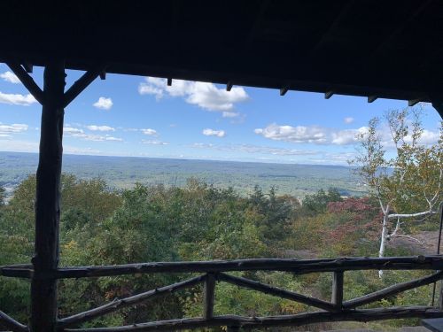 View from a wooden shelter overlooking a lush landscape with trees and a blue sky dotted with clouds.
