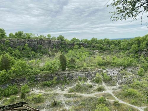 A lush green landscape with rocky cliffs and a cloudy sky, showcasing a serene, natural environment.