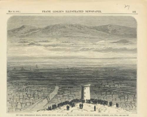 Illustration of a mountainous landscape with a tower, viewed from a distance, surrounded by a crowd.