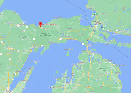 Map showing the location of Bay Furnace Ruins in the Hiawatha National Forest, Michigan, near Lake Michigan.