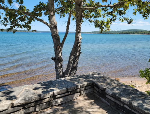 A serene lakeside view with a stone ledge, trees, and calm blue water under a clear sky.