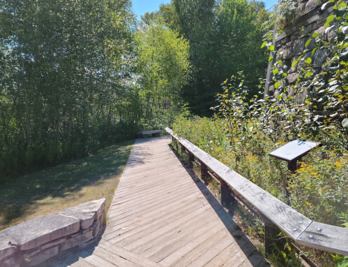 A wooden pathway surrounded by greenery, leading through a peaceful outdoor area.