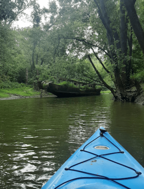 A blue kayak on calm water, with a partially submerged, overgrown boat in the background surrounded by lush greenery.