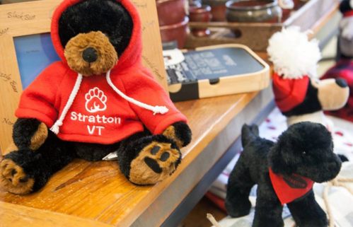 A stuffed bear in a red hoodie labeled "Stratton VT" sits on a wooden shelf next to a black plush dog.