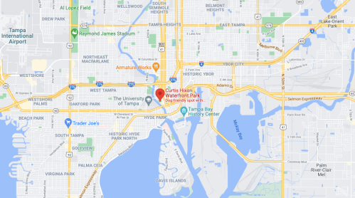 Map of Tampa, Florida, highlighting Curtis Hixon Waterfront Park, The University of Tampa, and nearby landmarks.