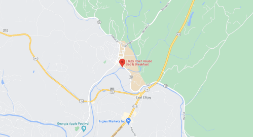Map showing the location of Ellijay River House Bed & Breakfast in Ellijay, Georgia, near major roads and landmarks.