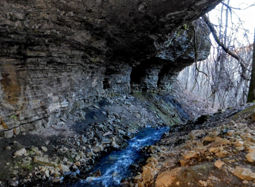 A rocky cave with a small stream flowing in front, surrounded by trees and a rugged landscape.