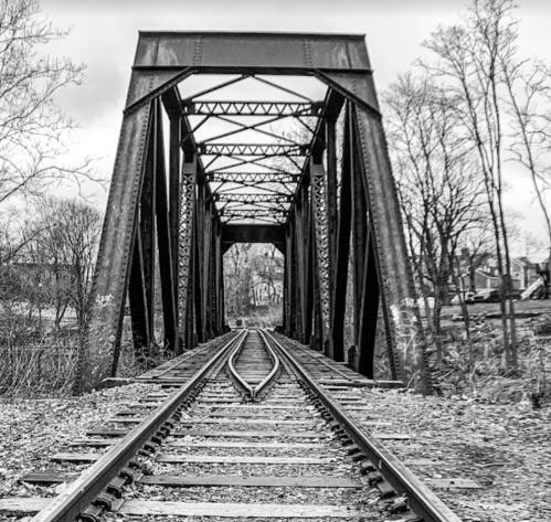 Black and white image of a railway bridge with tracks leading into the distance, surrounded by bare trees.
