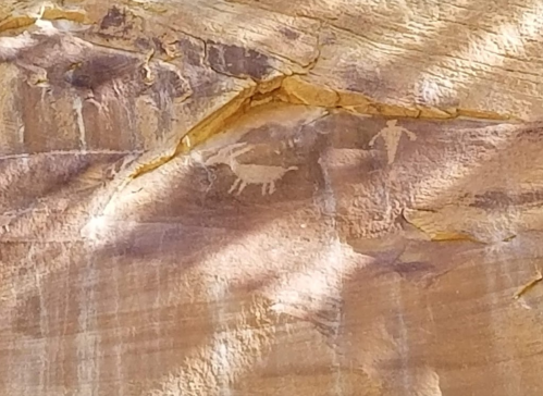 Petroglyphs on a rock surface depicting a figure and an animal, showcasing ancient artistic expression.