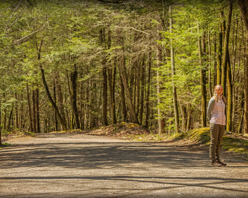 A person stands on a gravel path in a lush green forest, surrounded by tall trees and dappled sunlight.