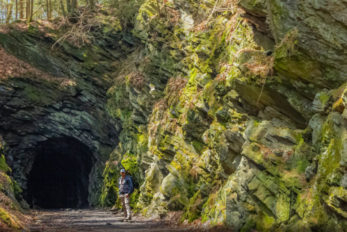 A hiker stands near a moss-covered rock formation by the entrance of a dark cave in a forested area.