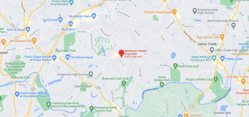 Map showing Newtown Dream Dog Park location, surrounded by roads, parks, and nearby golf courses.
