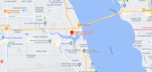 Map showing the location of Frigates Waterfront Bar in Melbourne, Florida, near the Indian River and surrounding areas.