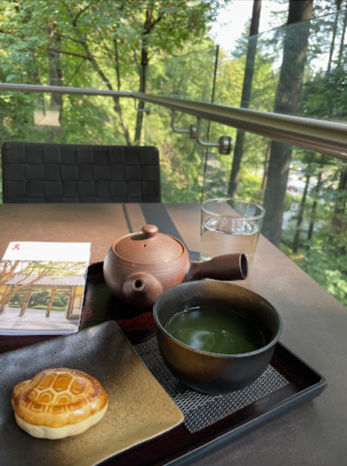 A tea set with a teapot, bowl of green tea, and a turtle-shaped pastry on a tray, surrounded by greenery.