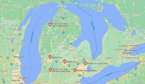Map of Michigan highlighting multiple locations of Rocket Fizz Soda and Candy Shop.