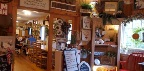 Cozy interior of a rustic restaurant with wooden decor, plants, and patrons dining in the background.