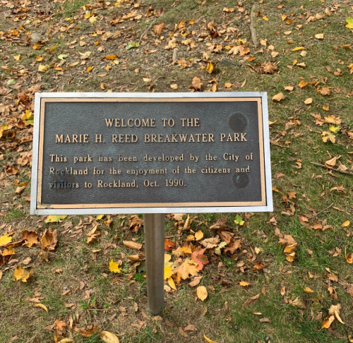 Sign welcoming visitors to Marie H. Reed Breakwater Park, established by the City of Rockland in October 1990.