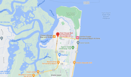 Map showing Fernandina Beach, Florida, with landmarks like Holy House Bed and Breakfast and Fort Clinch State Park.