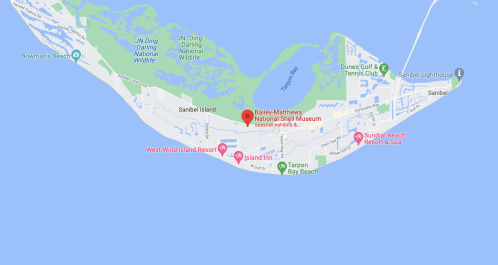 Map of Sanibel Island, highlighting the Bailey-Matthews National Shell Museum and nearby beaches and resorts.