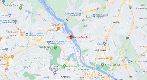 Map showing the Augusta Canal Trail in Augusta, Georgia, with nearby landmarks and roads indicated.