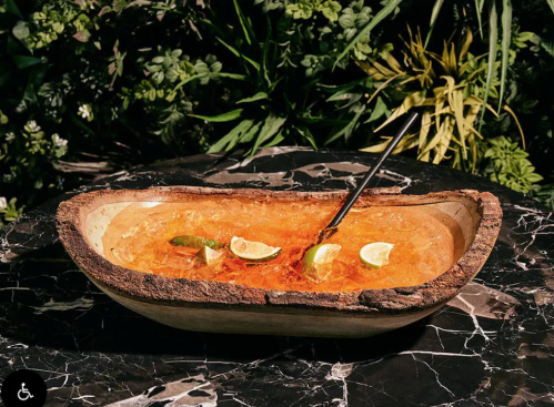 A wooden bowl filled with a vibrant drink, garnished with lime slices, set on a dark marble surface surrounded by greenery.
