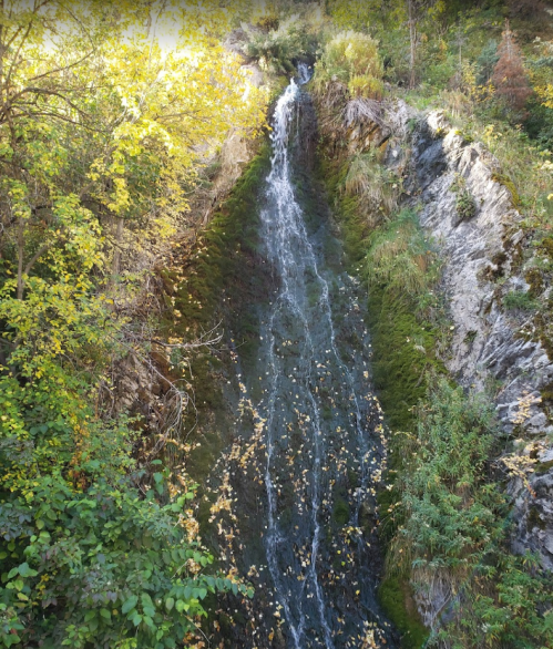 A serene waterfall cascading down a rocky cliff, surrounded by lush greenery and autumn foliage.