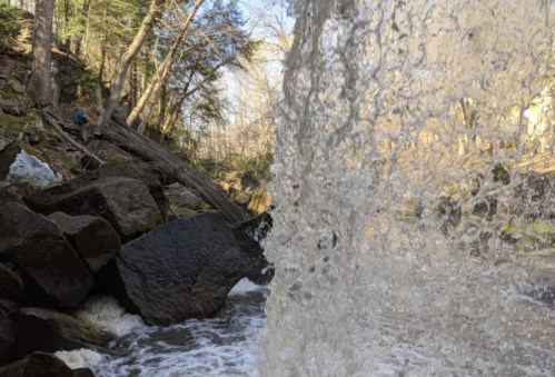 A close-up view of cascading water over rocks, surrounded by trees in a serene natural setting.