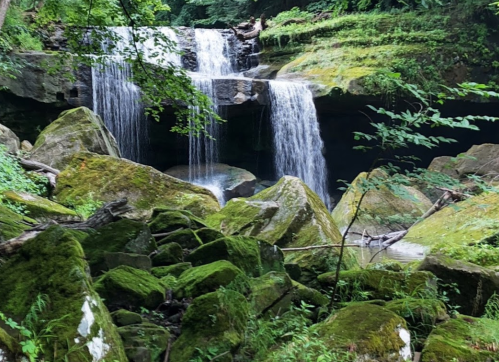 A serene waterfall cascades over moss-covered rocks in a lush, green forest.