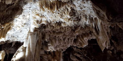 Stalactites and rock formations hang from the ceiling of a cave, illuminated by soft light.