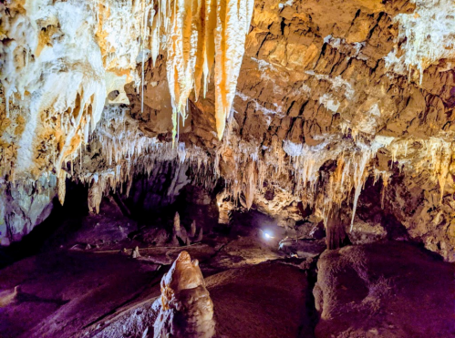 A dimly lit cave interior featuring stalactites and stalagmites, with colorful lighting highlighting the rock formations.