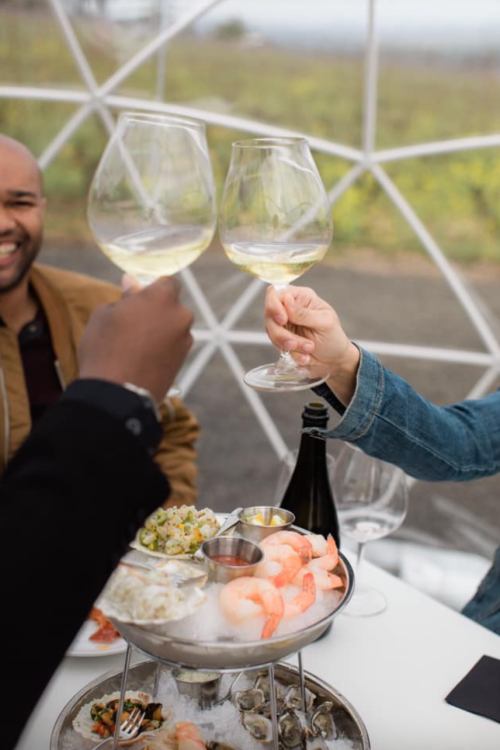 Two people clink wine glasses over a seafood platter, with a scenic outdoor backdrop.