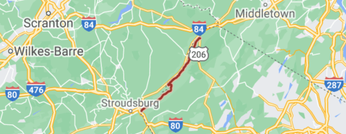 Map showing the route along I-84 near Stroudsburg, Pennsylvania, with surrounding highways and towns.