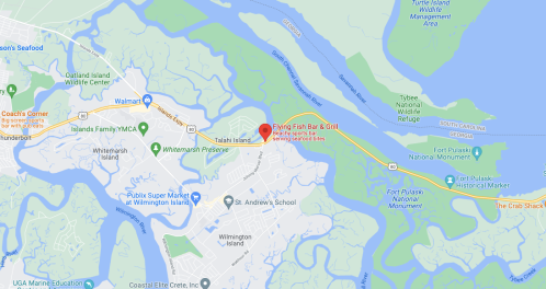 Map showing the location of Tabi Island and nearby attractions, including Flying Fish Bar & Grill and Fort Pulaski.
