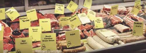 A display of various meats and sausages, each labeled with bright yellow sticky notes indicating their names.