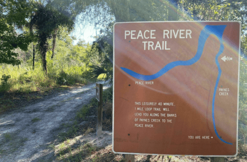 Sign for Peace River Trail, indicating a 1-mile loop trail along the banks of Payne's Creek to the Peace River.