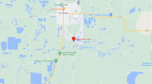 Map showing the location of Peace River Trail near Fort Meade, Florida, with nearby landmarks and roads.