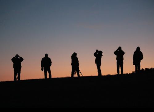 Silhouettes of people standing on a hill at sunset, some holding cameras, against a colorful sky.