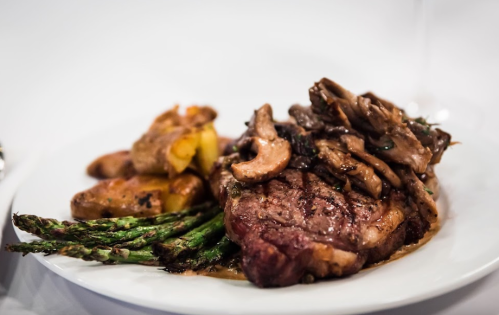 A plate of steak topped with mushrooms, served with roasted potatoes and asparagus.