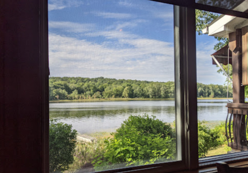 View of a calm lake surrounded by greenery, framed by a window with a screen, under a blue sky with clouds.