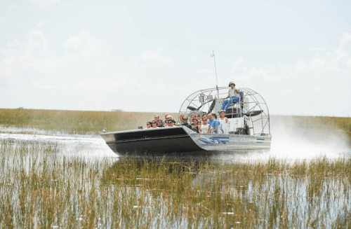 An airboat speeds through tall grass in a wetland, carrying a group of excited passengers.