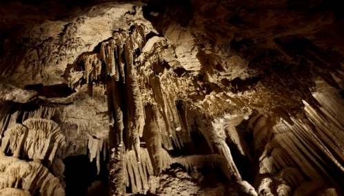 Stalactites and stalagmites in a dimly lit cave, showcasing intricate rock formations and textures.