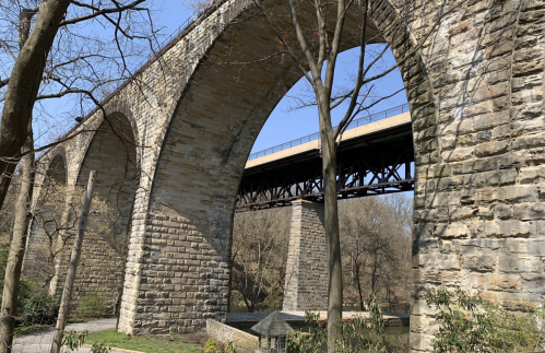 A stone arch bridge with a railway bridge above, surrounded by trees and a clear blue sky.
