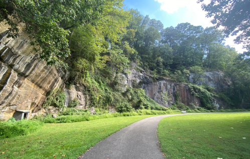 A scenic view of a grassy path leading to a rocky cliff, surrounded by lush green trees under a clear blue sky.
