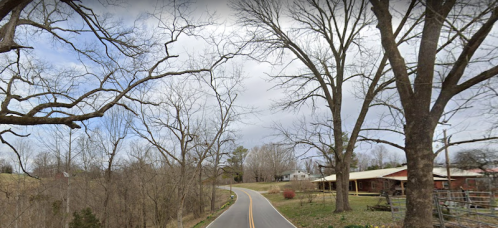 A winding road lined with bare trees, leading to a farmhouse under a cloudy sky.