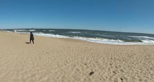 A person walks along a sandy beach with gentle waves and a clear blue sky in the background.