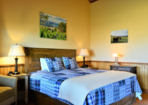 Cozy bedroom with a wooden bed, plaid bedding, lamps, and nature-themed artwork on the walls.