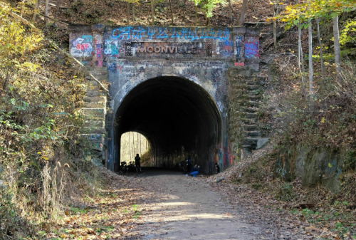 A dark, graffiti-covered tunnel surrounded by autumn foliage and a dirt path leading into the entrance.