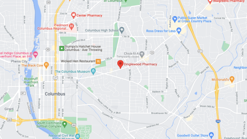 Map showing the location of Dinglewood Pharmacy in Columbus, Georgia, near various landmarks and businesses.